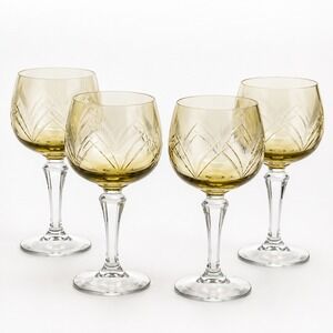 Set of 4 Amber Cut to Clear Crystal Wine Goblets Val St Lambert Style Hock Glass